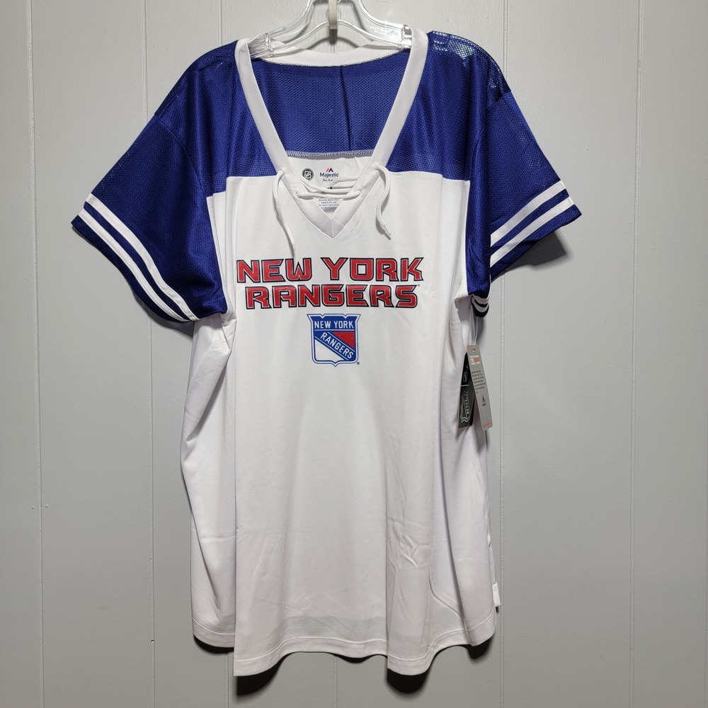 Majestic NHL New York Rangers Lace Up Jersey Shirt Womens 3X White Blue Mesh